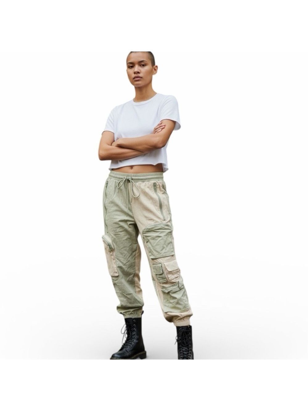 Hot & Delicious Colorblock Wide Leg Cargo Pants Zipper Pockets Flap Drawstring M